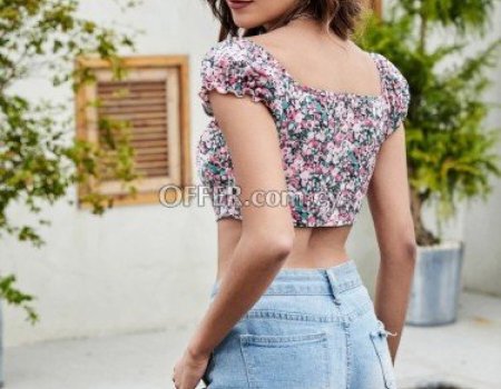 Tie Front Puff Sleeve Ditsy Floral Crop Top - 6