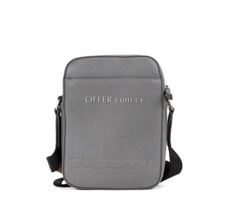 Burberry Thornton Small Grey Embossed Logo Grainy Leather Crossbody Handbag