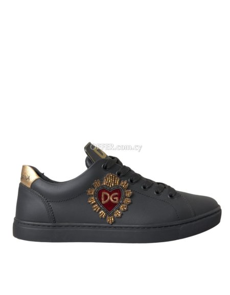 Dolce & Gabbana Black Leather Heart Embellished Sneakers Shoes