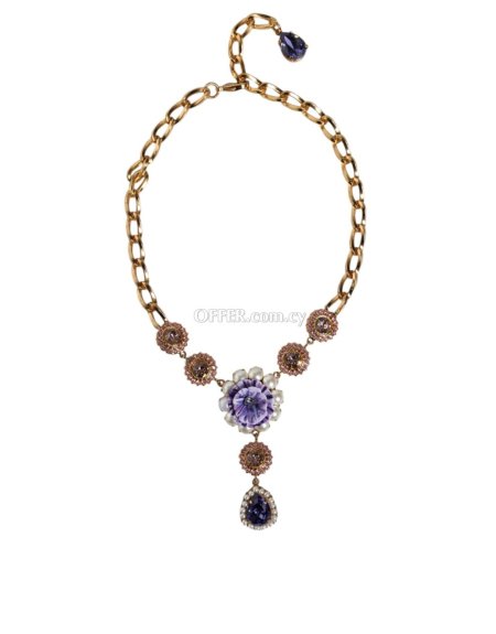 Dolce & Gabbana Gold Brass Crystal Purple Pink Pearl Pendants Necklace