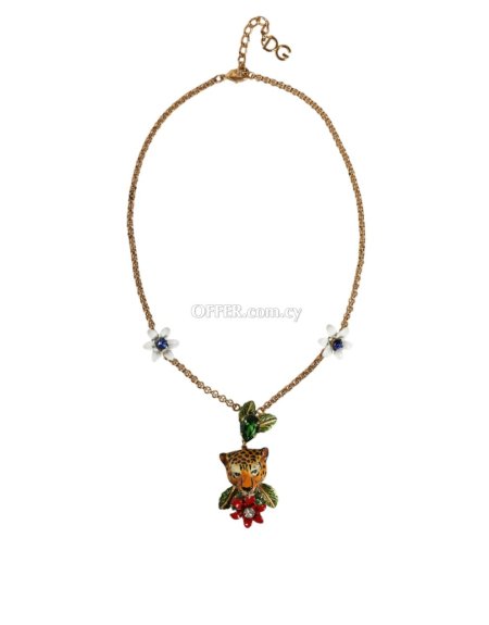 Dolce & Gabbana Gold Brass Leopard Flower Embellished Statement Necklace