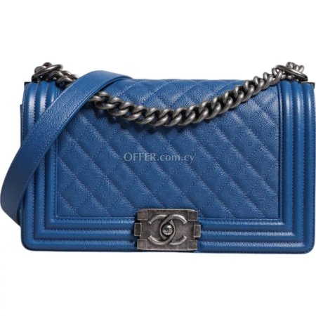 Chanel Blue Lambskin Double Chain Leather Medium Shoulder Bag