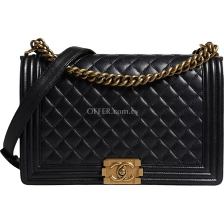 Chanel Black Large Lambskin Double Chain Gold Leather Shoulder Bag